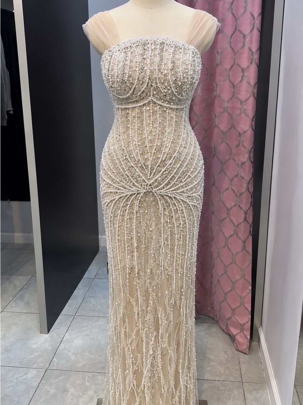 CUSTOM VALDRIN SAHITI Beaded Ivory Evening Gown with Sheer Cap Sleeves